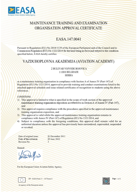 EASA ovlašćena organizacija za obuku osoblja za održavanje vazduhoplova - strana 1
